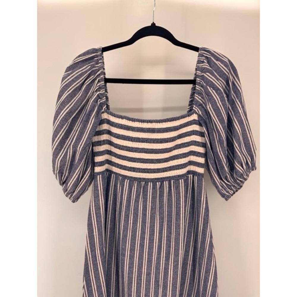Love Tomas Emerson Fry NEW Striped Blue White Smocked Puff Sleeve Dress MEDIUM - Picture 4 of 9